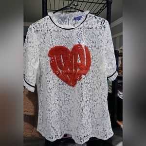 White Lace Blouse with Red Heart Accent
